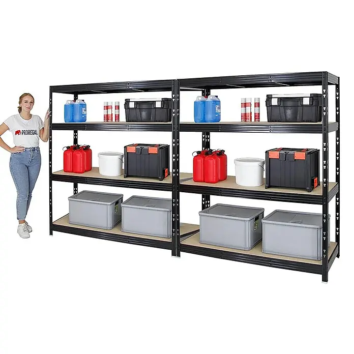Proregal Schwerlastregal Mega Deal Profi RHINO - Traglast pro Boden: 500 kg, Anzahl Böden: 4 Stk., Stecken, Schwarz - Großes, stabiles Lagerregal mit vier Ebenen, ideal zur Aufbewahrung verschiedener Gegenstände in Garage oder Werkstatt.