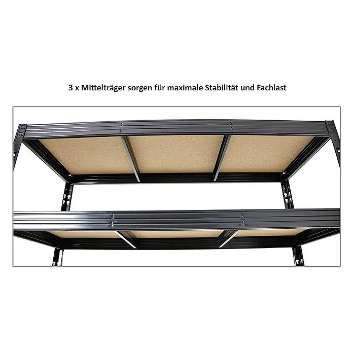 Proregal Schwerlastregal Mega Deal Profi RHINO - Traglast pro Boden: 500 kg, Anzahl Böden: 4 Stk., Stecken, Schwarz - Das Bild zeigt ein stabiles Schwerlastregal mit 3 Mittelträgern für maximale Stabilität und Fachlast. Ideal für Lagerung und Organisation.