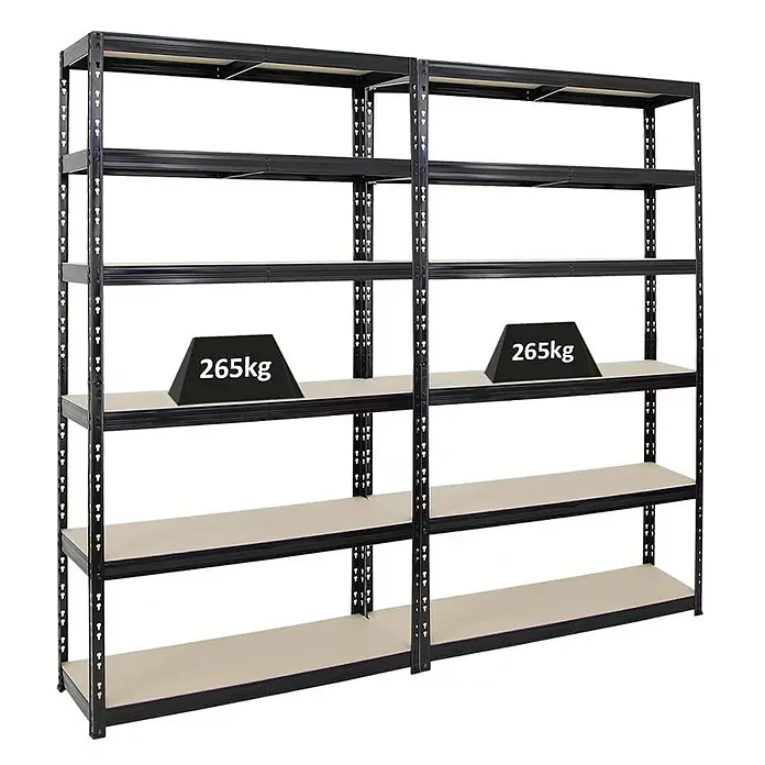 Proregal Schwerlastregal Mega Deal Giant Tiger XL - Traglast pro Boden: 265 kg, Anzahl Böden: 6 Stk., Stecken, Schwarz - Abbildung von zwei schwarzen Metallregalen mit fünf Ablagen, die jeweils mit 265 kg belastet sind. Robuste Regale für Lager oder Werkstatt.