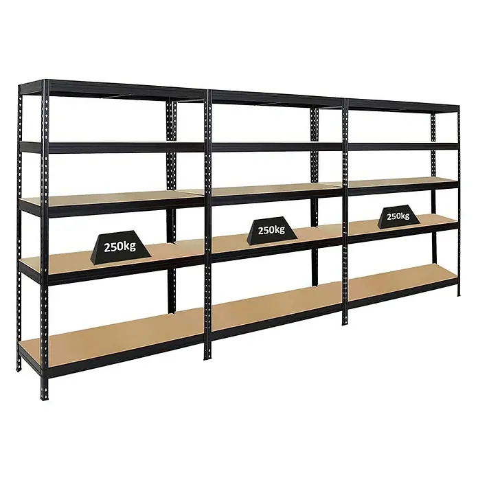 Proregal Schwerlastregal Mega Deal Rivet - Traglast pro Boden: 250 kg, Anzahl Böden: 5 Stk., Stecken, Schwarz - Bild eines schwarzen Metallregals mit Holzregalböden, auf denen das maximale Gewicht von 250 kg angegeben ist.