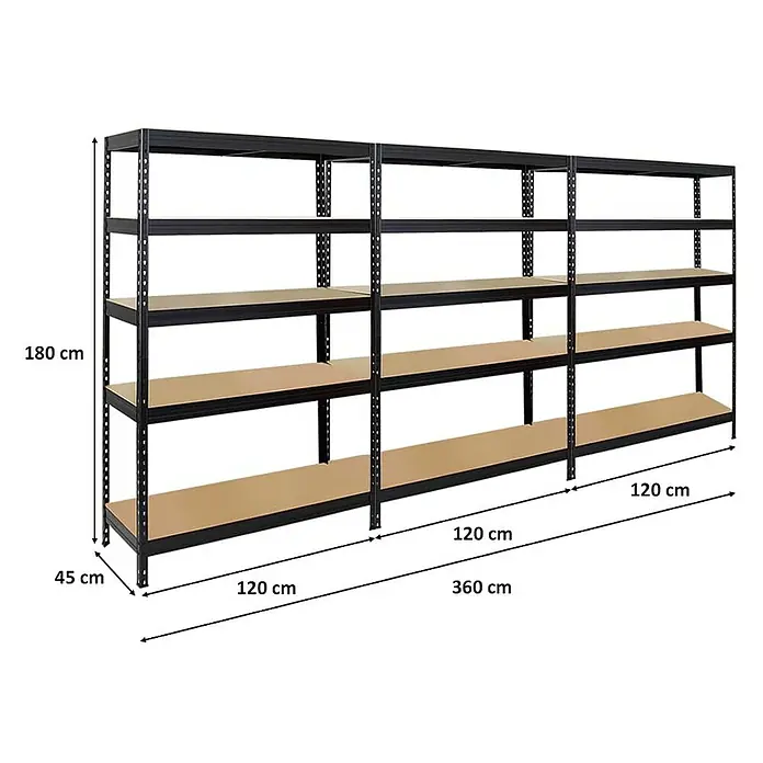 Proregal Schwerlastregal Mega Deal Rivet - Traglast pro Boden: 250 kg, Anzahl Böden: 5 Stk., Stecken, Schwarz - Bild eines schwarzen Metallregals mit vier Holzböden und den Maßen 180 cm Höhe, 120 cm Länge und 45 cm Tiefe.
