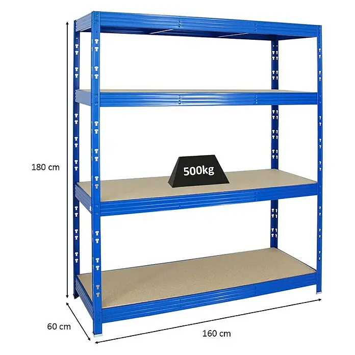 Proregal Schwerlastregal Profi RHINO - H x B x T: 180 x 160 x 60 cm, Traglast pro Boden: 500 kg, Anzahl Böden: 4 Stk., Stecken, Blau - Abbildung eines blauen Schwerlastregals mit vier Ebenen, Abmessungen 180x160x60cm, Traglast 500kg pro Ebene.