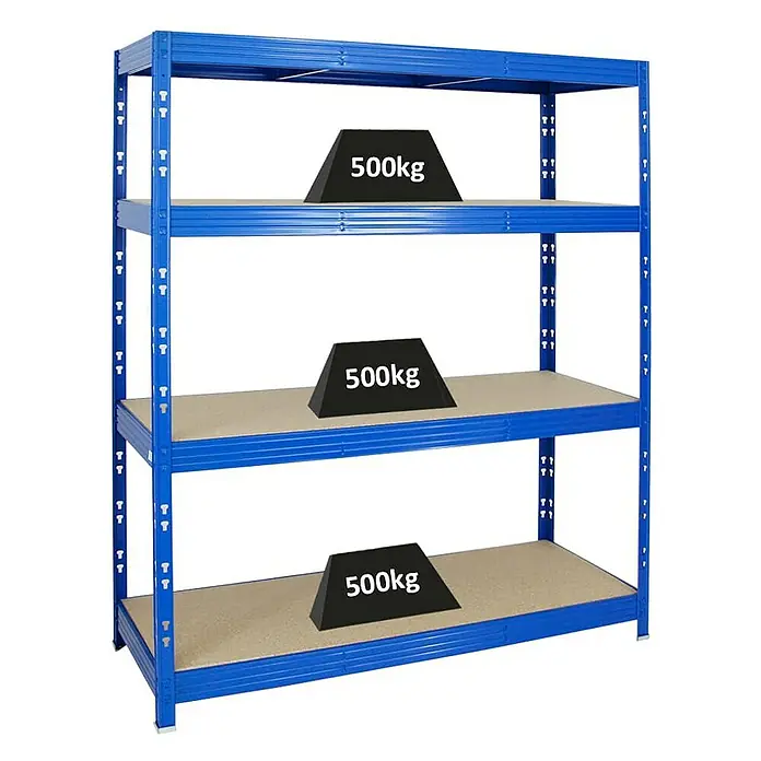 Proregal Schwerlastregal Profi RHINO - H x B x T: 180 x 160 x 60 cm, Traglast pro Boden: 500 kg, Anzahl Böden: 4 Stk., Stecken, Blau - Schwerlastregal mit drei Ebenen, jede mit 500kg belastet, ideal für Lagerung und Organisation.