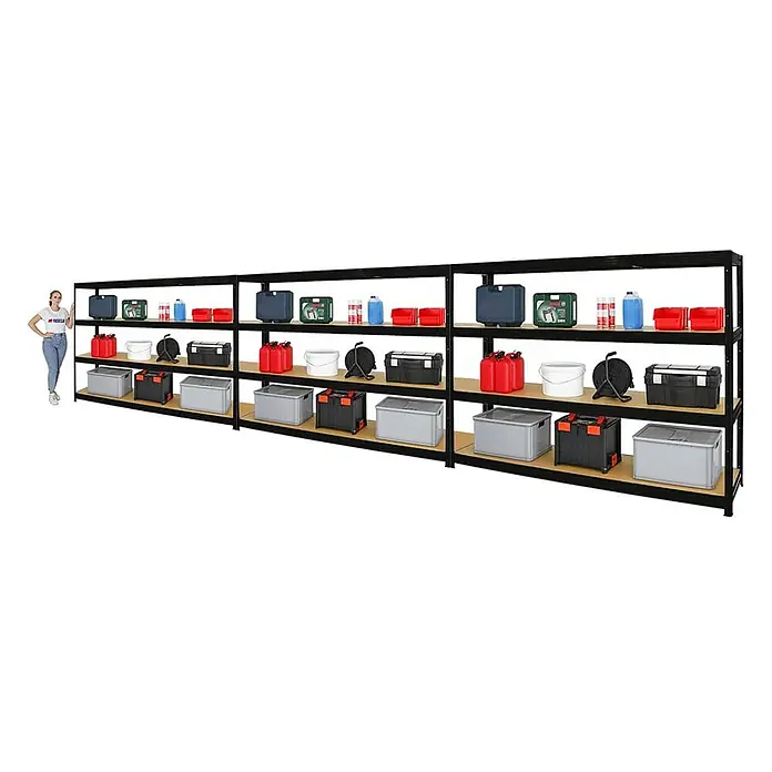 Proregal Schwerlastregal Mega Deal DINO - Traglast pro Boden: 450 kg, Anzahl Böden: 4 Stk., Stecken, Schwarz - Schwarzes Regal mit Aufbewahrungsboxen und Artikeln auf Holzregalen, das eine praktische Lösung für die Lagerung bietet.