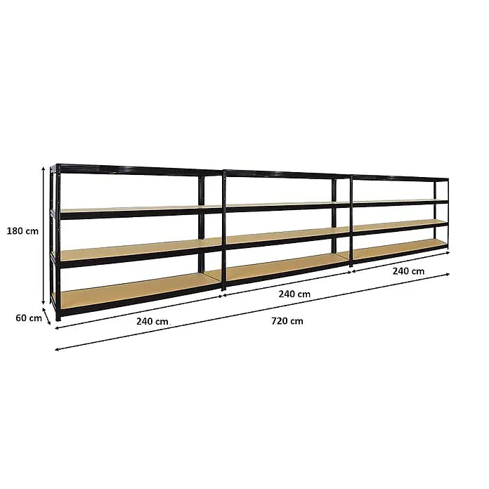 Proregal Schwerlastregal Mega Deal DINO - Traglast pro Boden: 450 kg, Anzahl Böden: 4 Stk., Stecken, Schwarz - Abbildung eines langen, modularen Regalsystems mit mehreren Ebenen und schwarzen Metallrahmen. Ideal für Lagerung und Organisation.