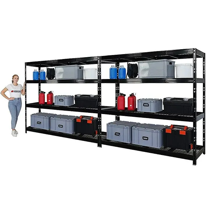 Proregal Schwerlastregal Mega Deal Profi RHINO - H x B x T: 180 x 200 x 60 cm, Traglast pro Boden: 500 kg, Anzahl Böden: 4 Stk., Stecken, Schwarz - Bild einer schwarzen Lagerregal-Einheit mit mehreren Behältern, die auf den Regalen angeordnet sind.