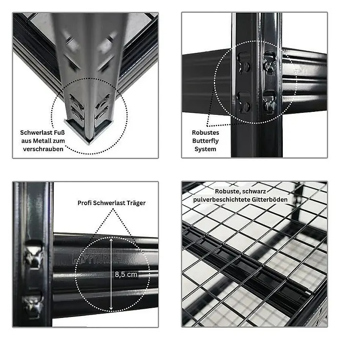 Proregal Schwerlastregal Mega Deal Profi RHINO - H x B x T: 180 x 200 x 60 cm, Traglast pro Boden: 500 kg, Anzahl Böden: 4 Stk., Stecken, Schwarz - Detailansicht eines Schwerlastregals mit Metallfuß, Butterfly-System, Träger und pulverbeschichteten Gitterböden.