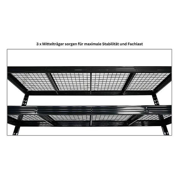 Proregal Schwerlastregal Mega Deal Profi RHINO - H x B x T: 180 x 200 x 60 cm, Traglast pro Boden: 500 kg, Anzahl Böden: 4 Stk., Stecken, Schwarz - Produktansicht eines schwarzen Metallbettgestells mit Gitterrost und stabilen Mittelträgern für hohe Belastbarkeit.