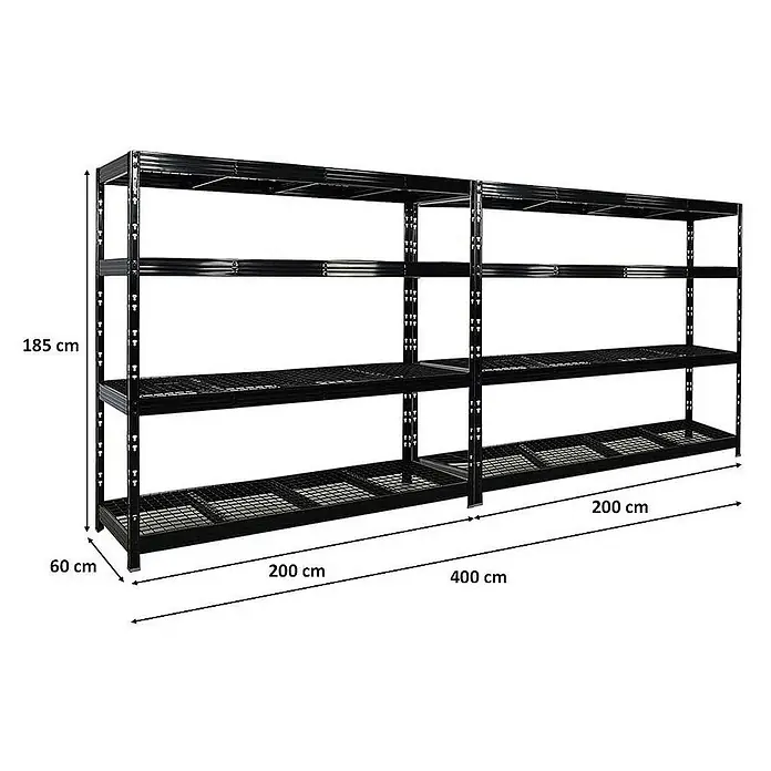 Proregal Schwerlastregal Mega Deal Profi RHINO - H x B x T: 180 x 200 x 60 cm, Traglast pro Boden: 500 kg, Anzahl Böden: 4 Stk., Stecken, Schwarz - Schwarzes Metallregal mit vier Ebenen, ideal für Lagerung und Organisation mit den Maßen 185x60x200 cm.