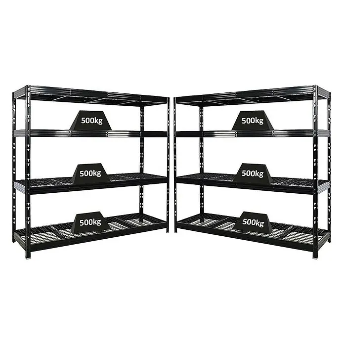 Proregal Schwerlastregal Mega Deal Profi RHINO - H x B x T: 180 x 200 x 60 cm, Traglast pro Boden: 500 kg, Anzahl Böden: 4 Stk., Stecken, Schwarz - Schwarzes Schwerlastregal mit vier Ebenen, jede Ebene mit 500 kg belastbar, ideal für Lagerung und Organisation.