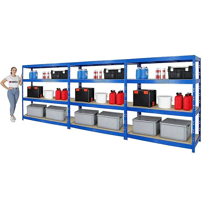 Proregal Schwerlastregal Mega Deal Profi RHINO - Traglast pro Boden: 500 kg, Anzahl Böden: 4 Stk., Stecken, Blau - Ein blaues Metallregal mit vier Ebenen, gefüllt mit verschiedenen Behältern und Kanistern in einer Lagerumgebung.