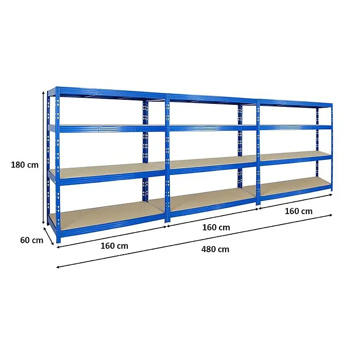 Proregal Schwerlastregal Mega Deal Profi RHINO - Traglast pro Boden: 500 kg, Anzahl Böden: 4 Stk., Stecken, Blau - Abbildung eines blauen Schwerlastregals mit vier Ebenen und den Maßen 180 x 60 x 480 cm für den industriellen Einsatz.