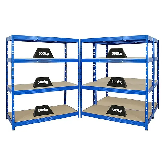 Proregal Schwerlastregal Mega Deal Profi RHINO - Traglast pro Boden: 500 kg, Anzahl Böden: 4 Stk., Stecken, Blau - Das Bild zeigt zwei blaue Schwerlastregale mit drei Ebenen, jede Ebene mit Gewichten von 500 kg belastet, ideal für Lager oder Werkstatt.