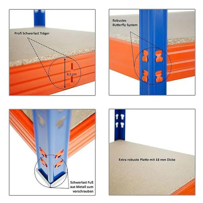 Proregal Schwerlastregal Mega Deal Profi RHINO - Traglast pro Boden: 500 kg, Anzahl Böden: 4 Stk., Stecken, Blau-Orange - Detailaufnahmen des Schwerlastregals, die robuste Bauweise und einfache Montage hervorheben.