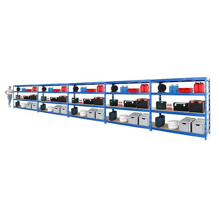 Proregal Schwerlastregal Mega Deal Profi RHINO - Traglast pro Boden: 500 kg, Anzahl Böden: 4 Stk., Stecken, Blau - Lagerregal mit blauen Rahmen und mehreren Regalebenen, gefüllt mit verschiedenen Behältern und Gegenständen.