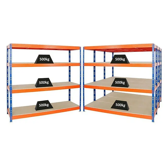 Proregal Schwerlastregal Mega Deal Profi RHINO - Traglast pro Boden: 500 kg, Anzahl Böden: 4 Stk., Stecken, Blau-Orange - Zwei robuste Lagerregale mit je drei Ebenen, jede mit Gewichten von 500kg belastet, ideal für schwere Lasten in Lagerhallen.