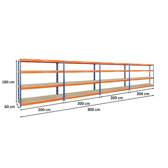 Proregal Schwerlastregal Mega Deal Profi RHINO - Traglast pro Boden: 500 kg, Anzahl Böden: 4 Stk., Stecken, Blau-Orange - Regal mit orangefarbenen Regalböden und blauen Metallstützen, das zur Lagerung und Organisation von Gegenständen verwendet wird.