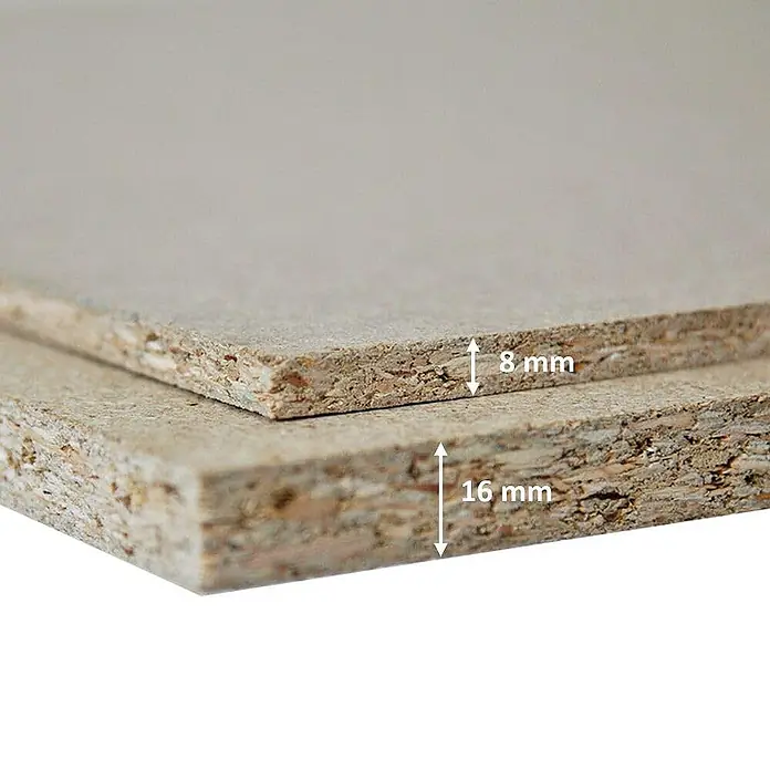 Proregal Schwerlastregal Mega Deal Profi RHINO - Traglast pro Boden: 500 kg, Anzahl Böden: 4 Stk., Stecken, Blau-Orange - Nahaufnahme von zwei Spanplatten unterschiedlicher Stärke (8 mm und 16 mm), die die Textur und Zusammensetzung des Materials zeigen.