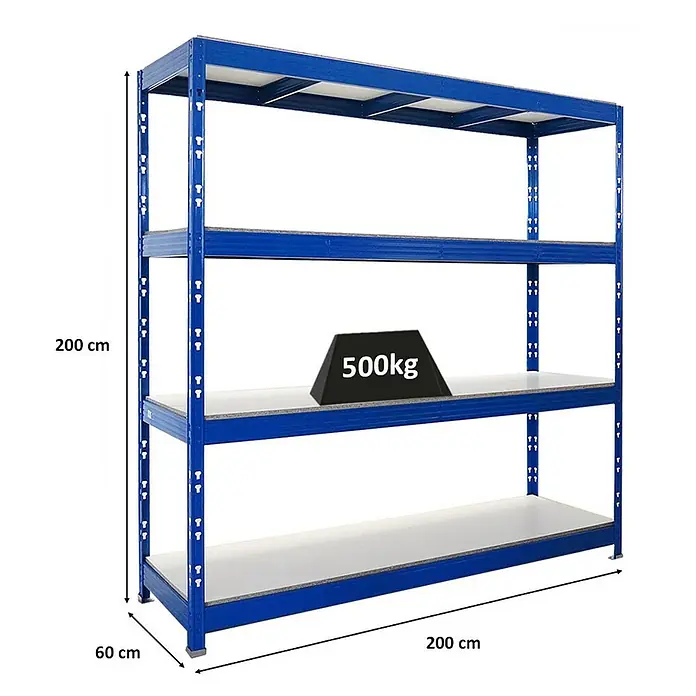 Proregal Schwerlastregal Profi RHINO - H x B x T: 200 x 200 x 60 cm, Traglast pro Boden: 500 kg, Anzahl Böden: 4 Stk., Stecken, Schwarz - Ein robustes, blaues Schwerlastregal mit vier Ebenen und einer Belastung von 500 kg, ideal für Lagerung und Organisation.