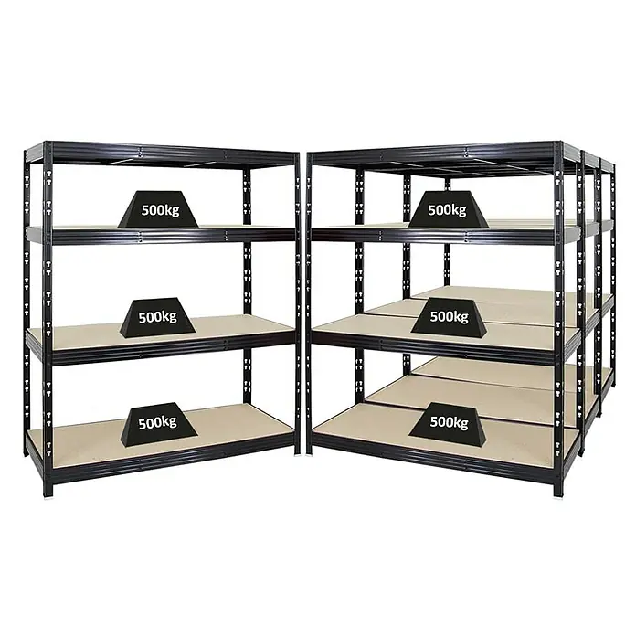 Proregal Schwerlastregal Mega Deal Profi RHINO - Traglast pro Boden: 500 kg, Anzahl Böden: 4 Stk., Stecken, Schwarz - Zwei Schwerlastregale mit je drei Böden, belastet mit 500 kg Gewichten. Ideal für Lagerung und Organisation.