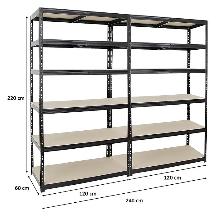Proregal Schwerlastregal Mega Deal Giant Tiger XL - Traglast pro Boden: 265 kg, Anzahl Böden: 6 Stk., Stecken, Schwarz - Abbildung eines schwarzen Metallregals mit hellen Regalböden und Größenangaben. Das Regal ist 220 cm hoch, 60 cm tief und 240 cm breit.