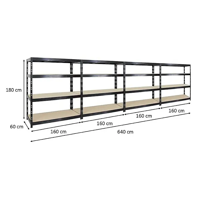 Proregal Schwerlastregal Mega Deal Profi RHINO - Traglast pro Boden: 500 kg, Anzahl Böden: 4 Stk., Stecken, Schwarz - Regal mit vier Ebenen und den Maßen 180 cm Höhe, 60 cm Tiefe und 640 cm Breite zur vielseitigen Nutzung.