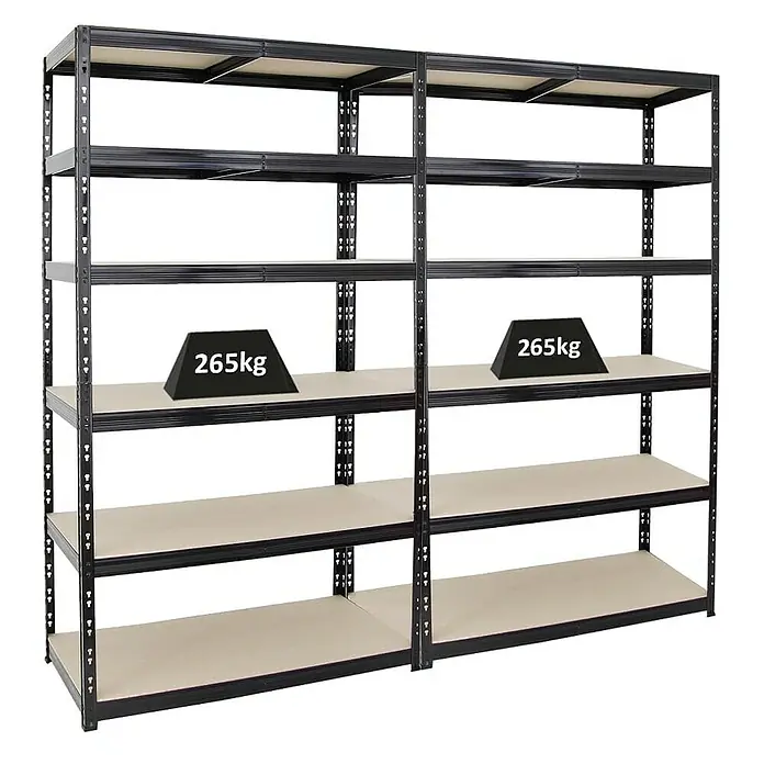 Proregal Schwerlastregal Mega Deal Giant Tiger XL - Traglast pro Boden: 265 kg, Anzahl Böden: 6 Stk., Stecken, Schwarz - Regal mit mehreren Ebenen, die je 265 kg tragen können, ideal für Lagerung und Organisation.