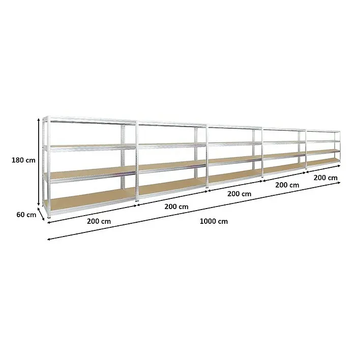 Proregal Schwerlastregal Mega Deal DINO - Traglast pro Boden: 500 kg, Anzahl Böden: 4 Stk., Stecken, Verzinkt - Langes Metallregal mit mehreren Ebenen und genauen Maßangaben für Höhe, Breite und Tiefe.