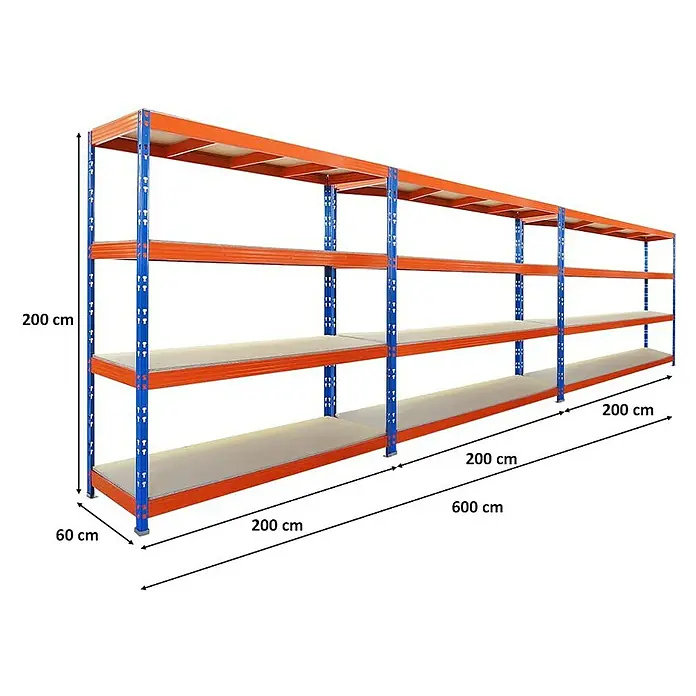 Proregal Schwerlastregal Mega Deal Profi RHINO - H x B x T: 200 x 200 x 60 cm, Traglast pro Boden: 500 kg, Anzahl Böden: 4 Stk., Stecken, Blau-Orange - Abbildung eines langen, mehrstöckigen Lagerregals mit blauem Rahmen und orangefarbenen Regalböden.