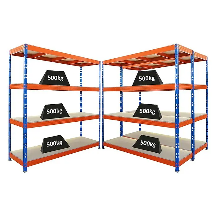 Proregal Schwerlastregal Mega Deal Profi RHINO - H x B x T: 200 x 200 x 60 cm, Traglast pro Boden: 500 kg, Anzahl Böden: 4 Stk., Stecken, Blau-Orange - Das Bild zeigt ein stabiles Lagerregal mit mehreren Ebenen, das jeweils mit einem Gewicht von 500 kg belastet ist, ideal für schwere Lasten.