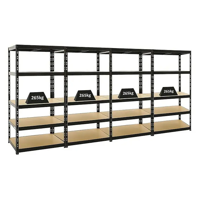 Proregal Schwerlastregal Mega Deal Tiger - Traglast pro Boden: 265 kg, Anzahl Böden: 5 Stk., Stecken, Schwarz - Schwerlastregal mit vier Regalebenen und einer Traglast von 265 kg pro Ebene, ideal für Lager und Werkstatt.