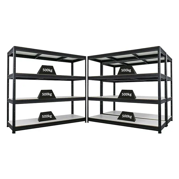 Proregal Schwerlastregal Mega Deal DINO - H x B x T: 180 x 200 x 60 cm, Traglast pro Boden: 500 kg, Anzahl Böden: 4 Stk., Stecken, Schwarz - Regale mit vier Ebenen und Gewichtsangaben. Die Regale sind aus schwarzem Metall und haben weiße Einlegeböden. Ideal für Lagerung und Organisation.