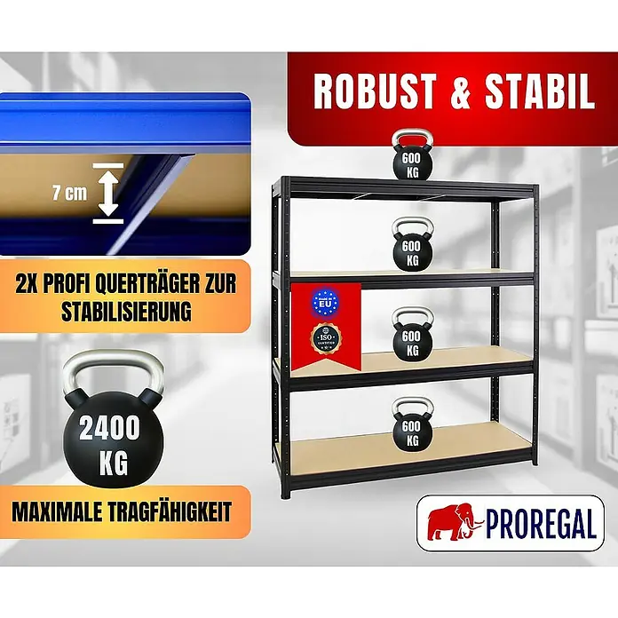 Proregal Schwerlastregal DINO - H x B x T: 180 x 160 x 60 cm, Traglast pro Boden: 600 kg, Anzahl Böden: 4 Stk., Stecken, Schwarz - Produktbild eines Proregal-Lagersystems mit vier Ebenen, das eine maximale Tragfähigkeit von 2400 kg hat.