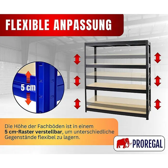 Proregal Schwerlastregal DINO - H x B x T: 180 x 160 x 60 cm, Traglast pro Boden: 600 kg, Anzahl Böden: 4 Stk., Stecken, Schwarz - Produktbild eines Regalsystems mit verstellbaren Fachböden im 5 cm-Raster für flexible Lagerungsmöglichkeiten.