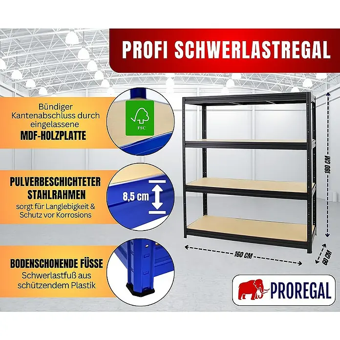 Proregal Schwerlastregal DINO - H x B x T: 180 x 160 x 60 cm, Traglast pro Boden: 600 kg, Anzahl Böden: 4 Stk., Stecken, Schwarz - Schwerlastregal mit MDF-Holzplatte, pulverbeschichtetem Stahlrahmen und bodenschonenden Füßen. Abmessungen: 180 cm Höhe, 160 cm Breite, 60 cm Tiefe.