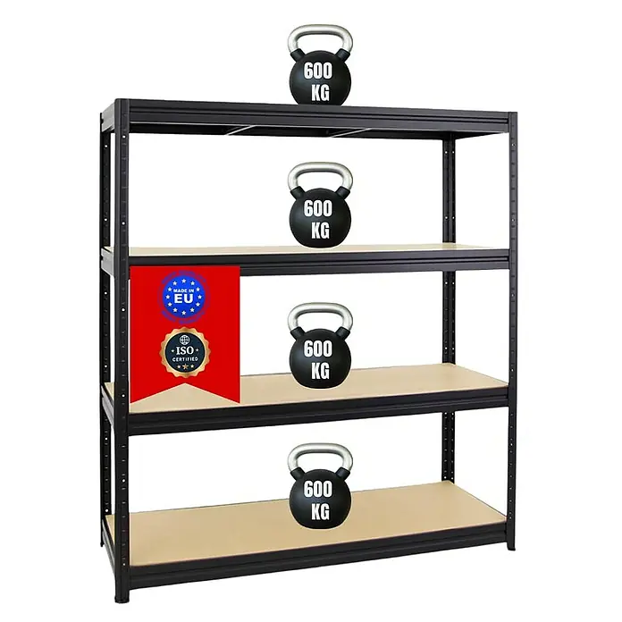 Proregal Schwerlastregal DINO - H x B x T: 180 x 160 x 60 cm, Traglast pro Boden: 600 kg, Anzahl Böden: 4 Stk., Stecken, Schwarz - Regal mit vier Ablagen, auf denen jeweils eine 600 KG schwere Hantel steht. Robustes und zertifiziertes Regalsystem für schwere Lasten.