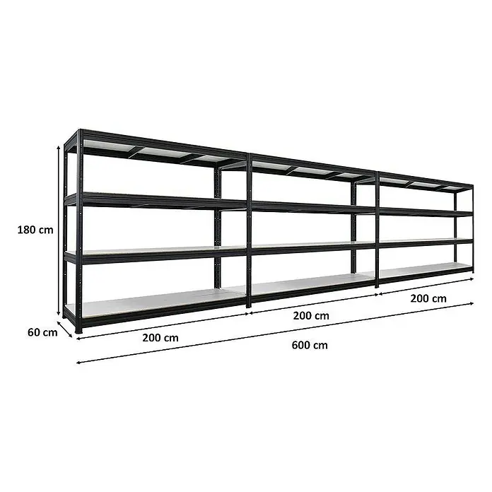 Proregal Schwerlastregal Mega Deal DINO - H x B x T: 180 x 200 x 60 cm, Traglast pro Boden: 500 kg, Anzahl Böden: 4 Stk., Stecken, Schwarz - Das Bild zeigt ein langes, schwarzes Regal mit mehreren Ebenen und den Maßen 180x60x600 cm. Praktisch für Lagerung und Organisation.