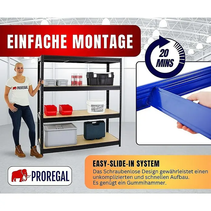 Proregal Schwerlastregal DINO - H x B x T: 180 x 160 x 60 cm, Traglast pro Boden: 600 kg, Anzahl Böden: 4 Stk., Stecken, Schwarz - Ein Proregal-Lagerregal mit vier Ebenen, das mit einem Easy-Slide-In-System in nur 20 Minuten aufgebaut werden kann.