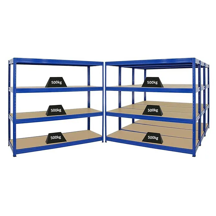 Proregal Schwerlastregal Mega Deal DINO - H x B x T: 180 x 180 x 60 cm, Traglast pro Boden: 500 kg, Anzahl Böden: 4 Stk., Stecken, Blau - Blaues Schwerlastregal mit vier Ebenen und Gewichten. Perfekt für Lagerung und Ordnung in Werkstatt oder Lager.