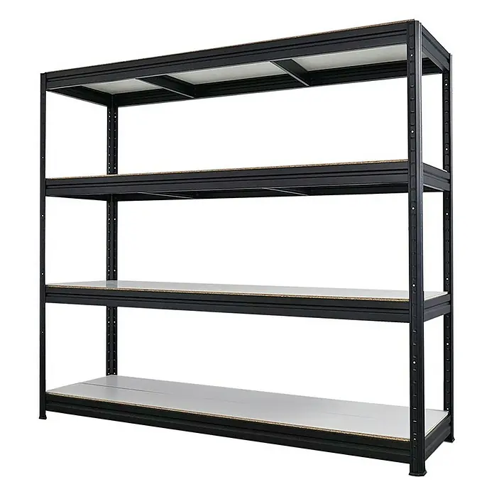 Proregal Schwerlastregal Mega Deal DINO - H x B x T: 180 x 200 x 60 cm, Traglast pro Boden: 500 kg, Anzahl Böden: 4 Stk., Stecken, Schwarz - Schwarzes Metallregal mit vier Ablagen zur Aufbewahrung von Gegenständen.