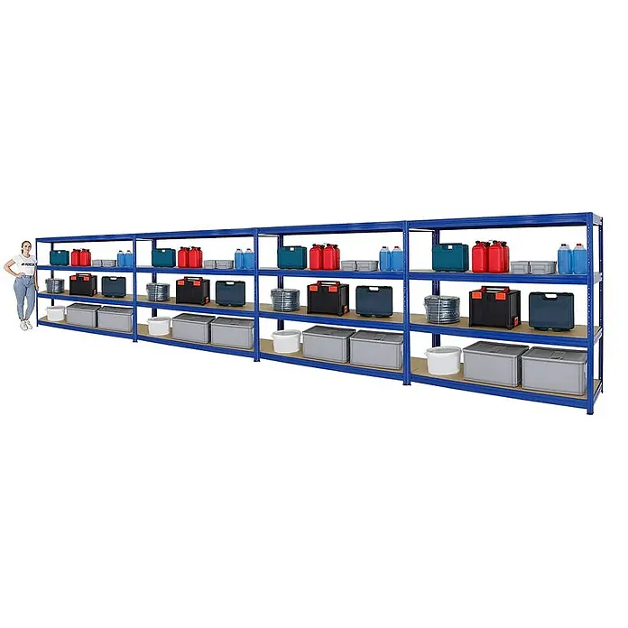 Proregal Schwerlastregal Mega Deal DINO - H x B x T: 180 x 180 x 60 cm, Traglast pro Boden: 500 kg, Anzahl Böden: 4 Stk., Stecken, Blau - Langes blaues Metallregal mit diversen Behältern und Gegenständen auf den Regalböden. Ideal für Lagerung und Organisation.