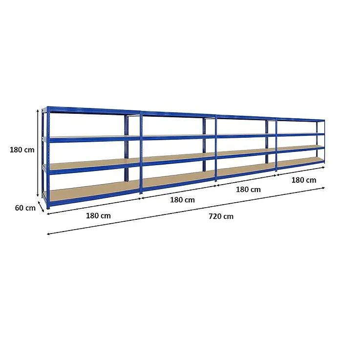 Proregal Schwerlastregal Mega Deal DINO - H x B x T: 180 x 180 x 60 cm, Traglast pro Boden: 500 kg, Anzahl Böden: 4 Stk., Stecken, Blau - Langes blaues Metallregal mit vier Ebenen zur Lagerung, mit den Maßen 180 cm Höhe und 60 cm Tiefe. Die Gesamtlänge beträgt 720 cm.