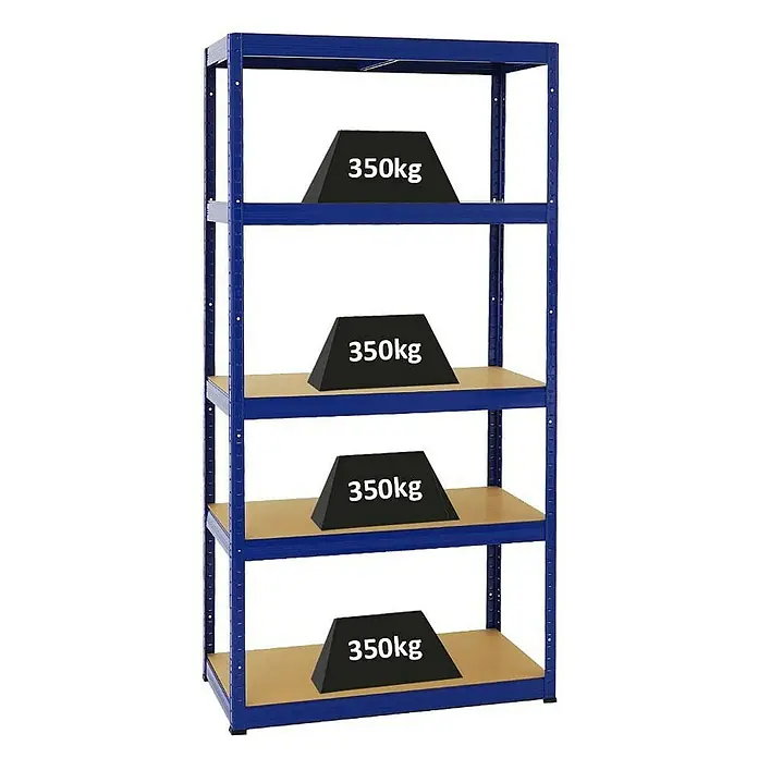 Proregal Schwerlastregal Slim Elephant S - H x B x T: 180 x 90 x 45 cm, Traglast pro Boden: 350 kg, Anzahl Böden: 5 Stk., Stecken, Blau - Regal mit vier Ebenen, jede mit einer Last von 350 kg belastet, ideal für schwere Gegenstände und Lagerungslösungen.
