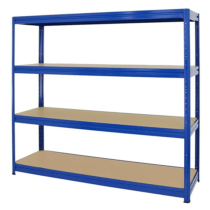 Proregal Schwerlastregal Mega Deal DINO - H x B x T: 180 x 180 x 60 cm, Traglast pro Boden: 500 kg, Anzahl Böden: 4 Stk., Stecken, Blau - Blaues Metallregal mit drei Holzböden für Lagerung und Organisation.