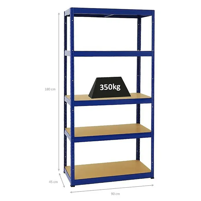 Proregal Schwerlastregal Slim Elephant S - H x B x T: 180 x 90 x 45 cm, Traglast pro Boden: 350 kg, Anzahl Böden: 5 Stk., Stecken, Blau - Bild eines blauen Schwerlastregals mit fünf Regalböden und den Maßen 180x90x45 cm, auf einem Boden liegt ein 350kg schwerer Gegenstand.