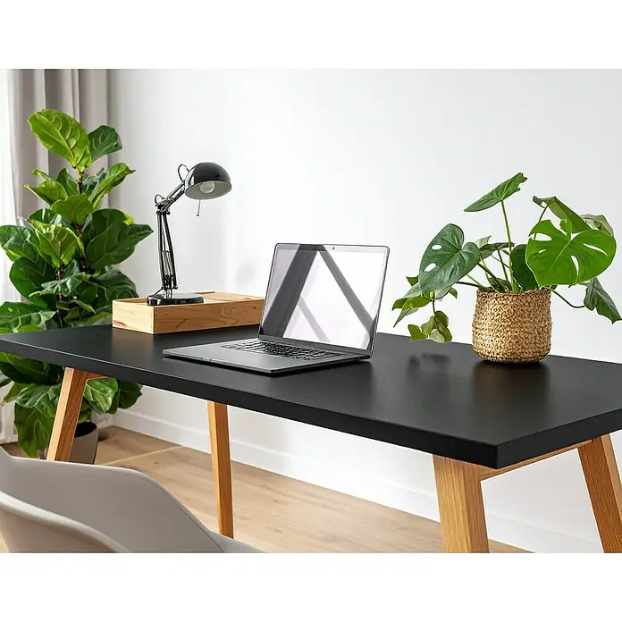 Tischplatte - Schwarz, 180 cm x 80 cm x 25 mm - Schreibtisch mit Laptop, Lampe und Pflanzen auf einer Holzoberfläche. Der Schreibtisch hat einen dunklen Rahmen und helle Holzbeine.