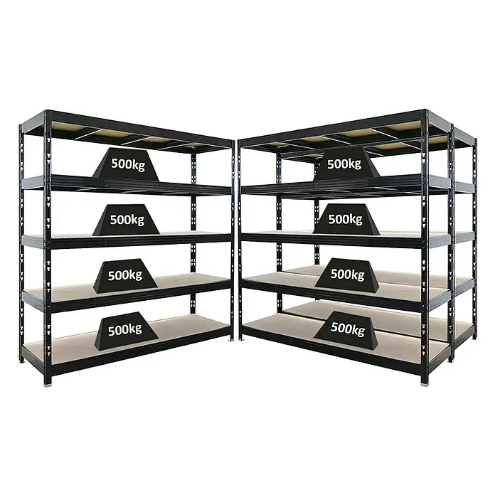 Proregal Schwerlastregal Mega Deal Profi RHINO - Traglast pro Boden: 500 kg, Anzahl Böden: 5 Stk., Stecken, Schwarz - Zwei Schwerlastregale mit Gewichten auf den Regalböden. Robuste Aufbewahrungslösung für Werkstatt oder Lager.