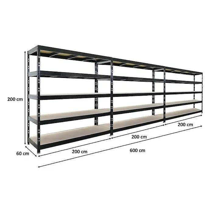 Proregal Schwerlastregal Mega Deal Profi RHINO - Traglast pro Boden: 500 kg, Anzahl Böden: 5 Stk., Stecken, Schwarz - Ein langes, schwarzes Metallregal mit vier Ebenen und hellen Regalböden, das 200 cm hoch und 60 cm tief ist, eignet sich ideal für Lagerzwecke.