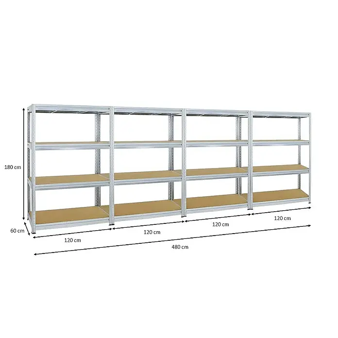Proregal Schwerlastregal Mega Deal DINO - H x B x T: 180 x 120 x 60 cm, Traglast pro Boden: 600 kg, Anzahl Böden: 4 Stk., Stecken, Verzinkt - Regalsystem mit vier Regalen aus Metall und Holz mit Größenangaben.