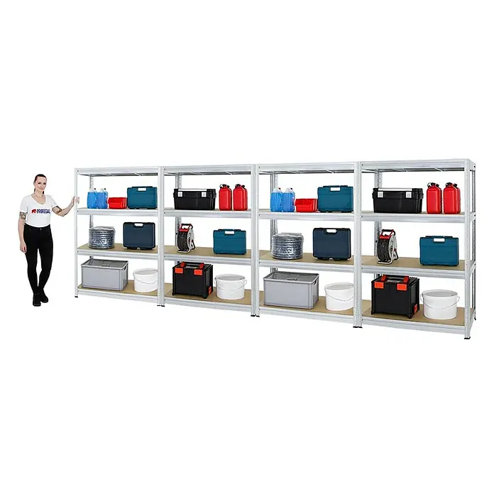 Proregal Schwerlastregal Mega Deal DINO - H x B x T: 180 x 120 x 60 cm, Traglast pro Boden: 600 kg, Anzahl Böden: 4 Stk., Stecken, Verzinkt - Lagerregale mit verschiedenen Gegenständen darauf, darunter Werkzeugkästen, Kanister und Behälter. Die Regale sind aus Metall und haben Holzregalböden.